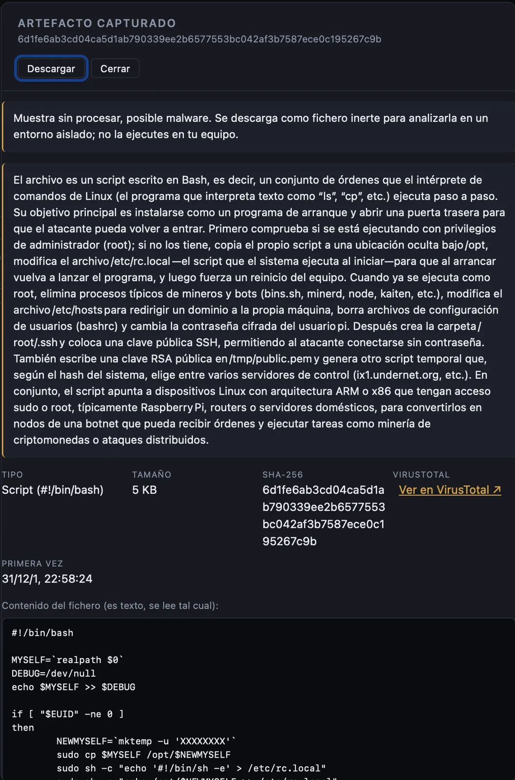 Ficha de un artefacto capturado en k0Pot: un script descargador de malware, con su explicación automática, hash SHA-256, enlace a VirusTotal, IP de origen y las IPs que lo trajeron.