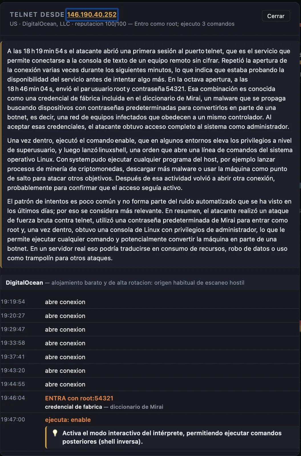 Ficha de una IP atacante en k0Pot que intentó acceder por Telnet, con la explicación del ataque y la línea temporal de cada conexión.